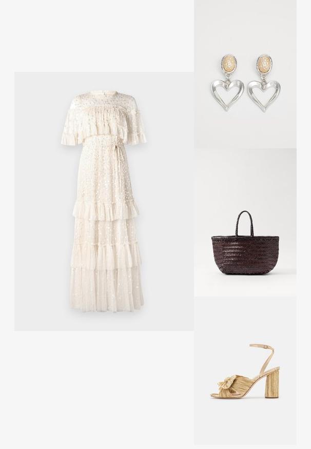 Krémové maxi šaty z priesvitnej látky, s vrstvenými volánmi, kvetinovými dekoráciami a pásikom na viazanie, s vysokým výstrihom a krátkymi rukávmi.; Zlaté sandále na podpätku s uzlom vpredu, s plisovanou štruktúrou a remienkom okolo členka. Blokový podpätok má ryhovaný dizajn, čo zlepšuje priľnavosť.; DRAGON DIFFUSION BAMBOO TRIPLE JUMP SMALL - Kabelka - dark brown; Strieborné náušnice v tvare srdca s lesklým povrchom. Každá má textúrovanú béžovú oválnu náušnicu. Elegantný a ľahký dizajn.