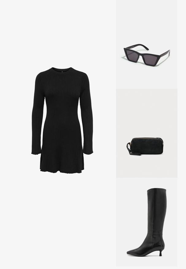Sort ribbestrikket kjole med lange ærmer, rund halsudskæring og sideslids ved kanten. Stofteksturen er blød og elastisk.; Zign Høje støvler/ Støvler - black; Sorte, kantede solbriller med grå linser; lavet af plast, med tykke stænger med en glat overflade og ingen synlig hardware.; Sort ruskinds clutchtaske med lynlås og aftagelig håndledsrem. Har guldfarvet hardware og en glat, mat tekstur.