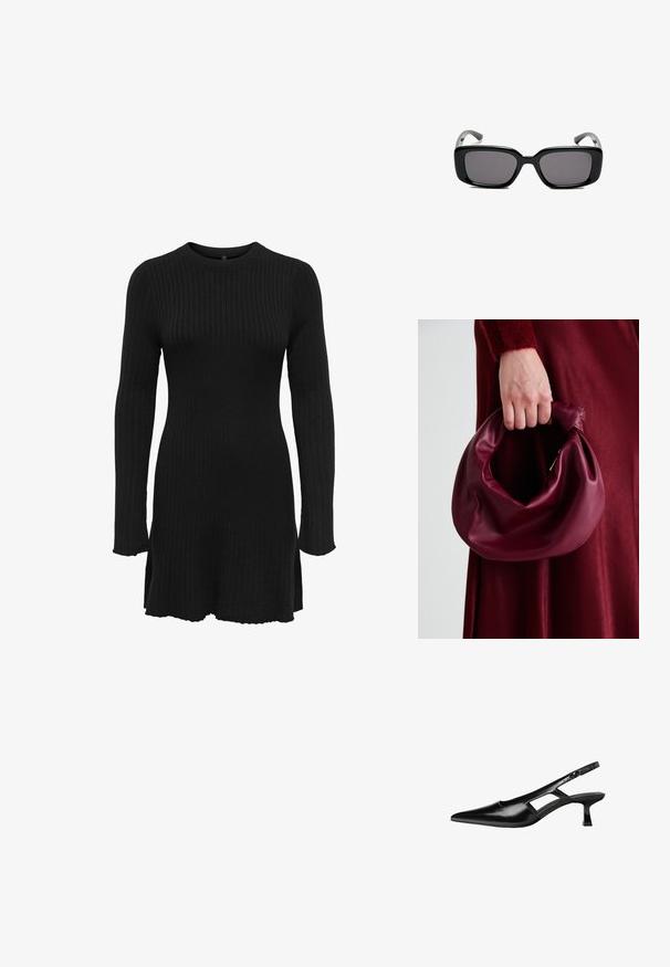 Czarna sukienka dzianinowa z prążkowanym wzorem, z długimi rękawami, okrągłym dekoltem i rozcięciami po bokach u dołu. Tekstura materiału jest miękka i elastyczna.; Czarne lakierowane czółenka na odkrytej pięcie z wąskim noskiem, z wykrojem po bokach i małym kwadratowym obcasem. Gładka faktura z minimalnymi akcentami.; Czarne prostokątne okulary przeciwsłoneczne z ciemnymi soczewkami, gładką plastikową ramką i wygiętymi zausznikami. Projekt jest masywny, o minimalistycznej estetyce.; Bordowa skórzana torebka o miękkim, marszczonym wyglądzie i zaokrąglonym kształcie. Uchwyt jest zabezpieczony, co podkreśla gładką fakturę.