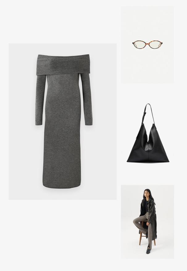 Obleka z odkrito rameni, dolgimi rokavi v temno sivi pletenini. Tanek kroj, dolžina do tal z gladko teksturo in brez vidnih zakovic.; Črn usnjen trench plašč z gumbi in detajli pasu, v kombinaciji s svetlo rjavimi prilegajočimi hlačami in črnimi loferji, sedeč na lesenem stolu.; Kornjačaste očala z ovalnimi lečami in gladko, sijočo površino. Imajo tanke stranice z rahlim ovinkom na templjih. Prosojne leče.; Črna usnjena torbica v obliki trikotnika z eno nastavljivo naramnico in mehko, nekoliko zložno strukturo.