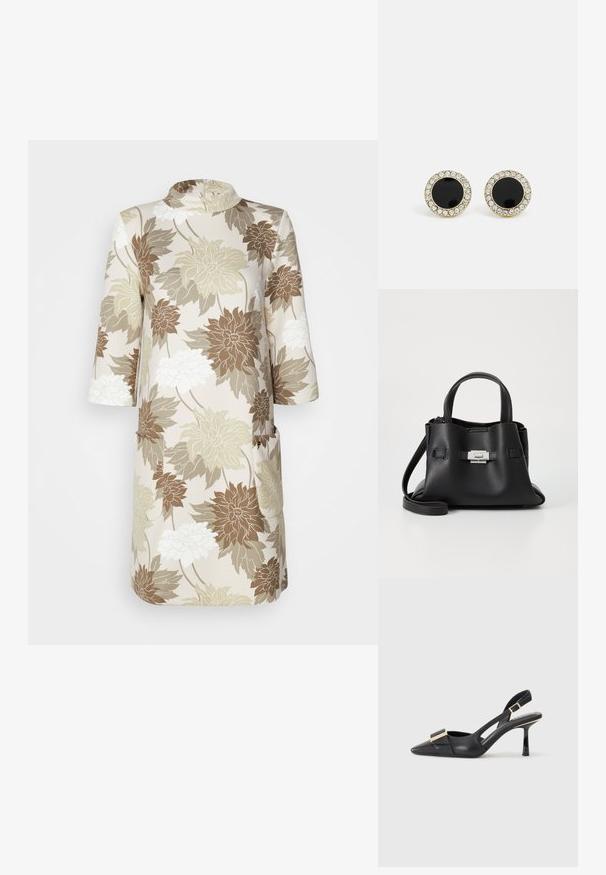 En blomsterprint kjole med høj halsudskæring, trekvartærmer og to lommer. Farverne inkluderer creme, beige, brun og grønnuancer.; Sort læder slingback sko med spids tå, slank hæl og guldfarvet hardware detalje på forfoden. Glat tekstur og struktureret design.; Sort læderhåndtaske med en tekstureret overflade, der har to bærehåndtag, en aftagelig skulderrem og en detalje med sølvspænde.; DKNY INLAY STUD - Øreringe - black/gold-coloured