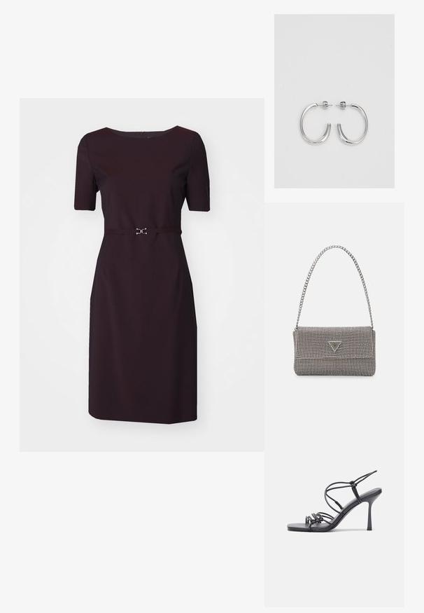 BOSS DALEAH - Shift-haljina - open red; Crne sandale na visokoj potpetici imaju tanke trake s čvorastim dizajnom, glatki kvadratni vrh i elegantnu stiletto petu.; Svijetlosivi metalik ruksač s lancem, ukrašen malim okruglim metalnim zakovicama i trokutastim logotipom marke.; Srebro naušnice u obliku prstena s glatkom, sjajnom završnom obradom. Zaobljenog oblika, laganog dizajna, s kopčom na poleđini.