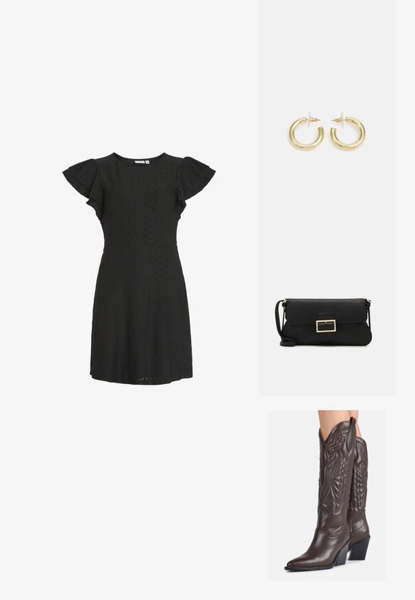 VILA VIMUNI DRESS - Jerseykleid - black; Braune Leder-Cowboy-Stiefel mit spitzem Punkt und Blockabsatz, die über detaillierte Stickereien und hervorgehobene Akzente am Schaft verfügen.; Schwarze Leder-Clutch mit Klappe und goldfarbenem Metallschnallen-Detail. Enthält einen schwarzen Riemen und ein schlankes, minimalistisches Design.; Goldene Creolen mit einer glatten, glänzenden Oberfläche. Zirkuläres Design mit einem kleinen Stecker und einer klaren Rückseite für einen sicheren Sitz.