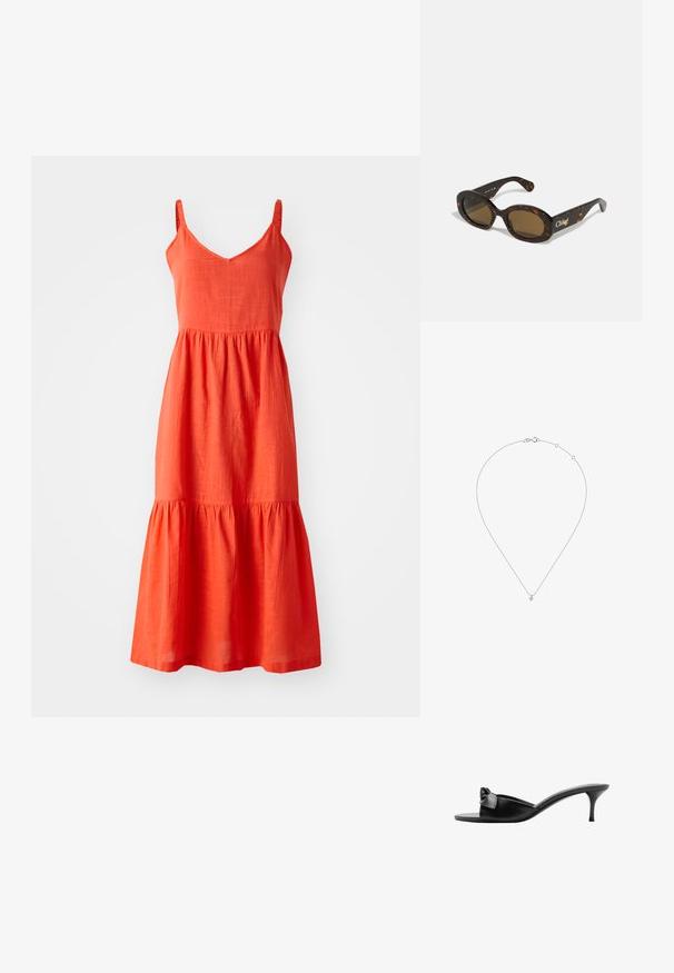 Rode linnen jurk met verstelbare spaghettibandjes, een V-hals en een geraffineerde gelaagde zoom. Heeft een textuurafwerking en een A-lijn silhouette.; Zwarte leren instapmuile met een strikaccent, open teen en een slanke hoge hak. Gladde textuur en minimalistisch ontwerp.; Schildpadbril met ovale monturen, bruin getinte lenzen en "Chloé" merk op de arm. Gladde plastic materiaal met een glanzende afwerking.; Live Diamond DIAMANT LAB GROWN - Ketting - weiß/gold-coloured