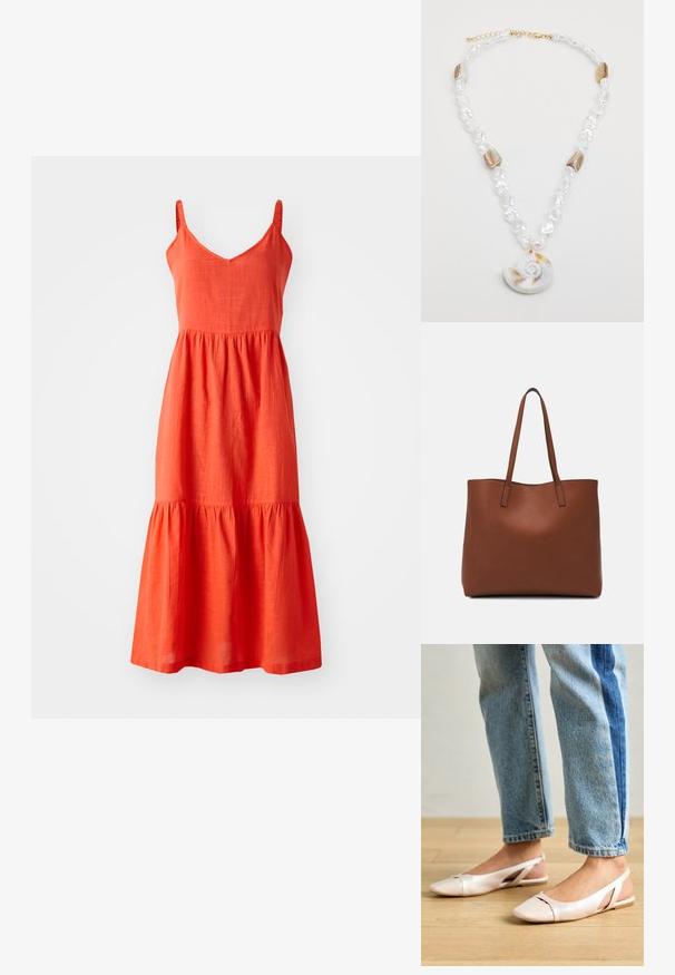 Robe en lin rouge avec des bretelles spaghetti ajustables, un décolleté en V et un ourlet froncé en étages. Caractéristiques d'une finition texturée et d'une silhouette en A.; Ballerines slingback rose pâle avec un bout pointu, fabriquées en un matériau semblable au cuir lisse. Présentent des découpes sur les côtés et un talon plat.; Sac fourre-tout en cuir marron avec une texture lisse, design à ouverture supérieure et deux poignées pour le porter à l'épaule. Présente des coutures minimales et aucun matériel visible.; Collier mettant en avant un pendentif en coquillage en spirale, parsemé de perles blanches irrégulières et d'accents dorés. Fermeture à chaîne ajustable.