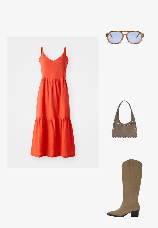 Robe en lin rouge avec des bretelles spaghetti ajustables, un décolleté en V et un ourlet froncé en étages. Caractéristiques d'une finition texturée et d'une silhouette en A.; Bottes en suède beige jusqu'aux genoux avec un bout pointu, un talon empilé et des détails de couture le long des côtés. Texture lisse et design structuré.; Lunettes de soleil écaille de tortue avec des verres bleus, design angulaire, monture épaisse et découpe au niveau du nez ; dispose d'un accent doré sur la branche.; PULL&BEAR SHOPPER - Cabas - grey