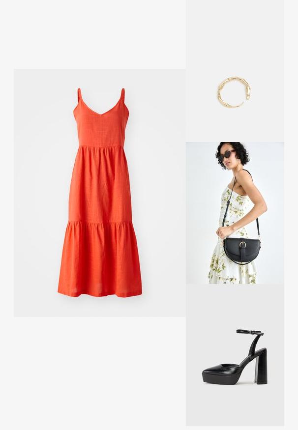 Rotes Leinenkleid mit verstellbaren Spaghetti-Trägern, einem V-Ausschnitt und einem gerafften, gestuften Saum. Hat eine strukturierte Oberfläche und eine A-Linie-Silhouette.; Schwarze Plateau-High Heels mit spitzem Zeh und verstellbarem Knöchelriemen. Gefertigt aus glattem Leder und mit einem klobigen Blockabsatz.; Schwarze Lederhandtasche mit geschwungener Form, abnehmbarem Tragegurt und goldenen Beschlägen. Die Tasche verfügt über einen Deckel mit einer Schnallen-Details.; Goldfarbener Ring mit einem organischen, gedrehten Design, glatter Oberfläche und sich verjüngenden Enden, was ein modernes, skulpturales Erscheinungsbild erzeugt.