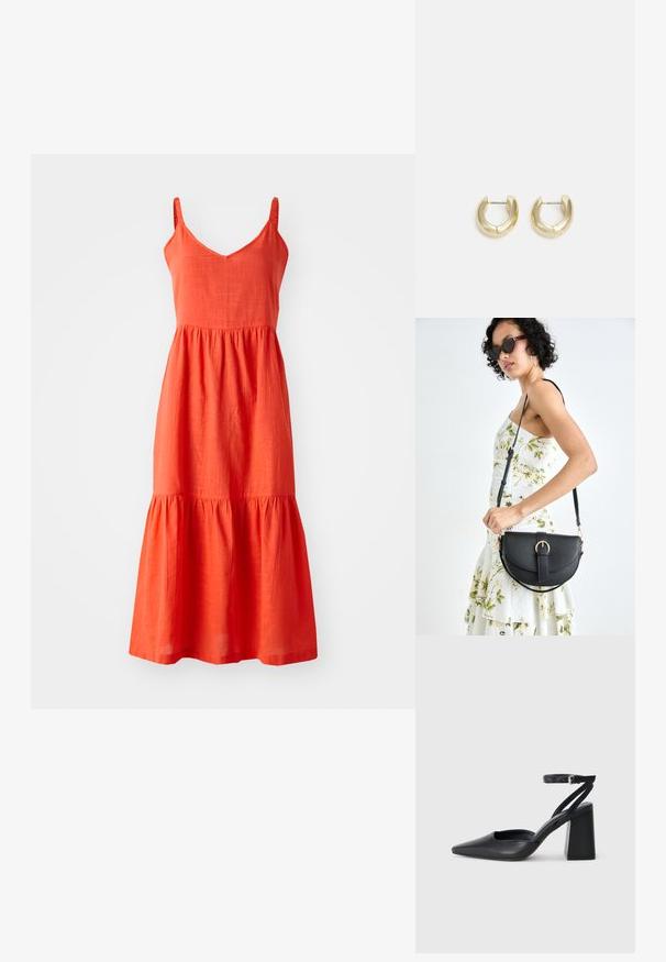 Robe en lin rouge avec des bretelles spaghetti ajustables, un décolleté en V et un ourlet froncé en étages. Caractéristiques d'une finition texturée et d'une silhouette en A.; Escarpin noir en cuir à bout pointu avec une bride de cheville et un talon épais. Texture lisse, design élégant et esthétique minimaliste.; Sac à main en cuir noir avec une forme courbée, bandoulière amovible et des accessoires en or. Le sac est doté d'un rabat avec un détail de boucle.; Boucles d'oreilles en or avec une finition lisse et polie. Doté d'une forme en demi-cercle et d'une fermeture à tige sécurisée.