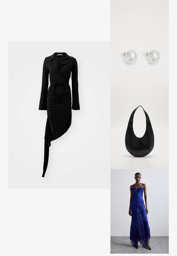 Black long-sleeve dress with a wrap design, ruched texture, and an asymmetric hem. Features a collar and a tied waist detail. Smooth fabric.; Blue and purple animal print maxi dress with thin straps, a fitted bodice, flared hem, and sheer overlay detailing.; AESTHER EKME OPAL BAG - Handbag - black; Silver pearl earrings with a curved, bean shape. Smooth, shiny surface and secured with a post and back closure.