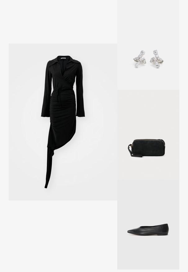Crna haljina dugih rukava s omotač dizajnom, nabranom teksturom i asimetričnom rubom. Ima ovratnik i detalj s vezanjem u struku. Glatka tkanina.; Crne kožne balerinke, uski vrh, minimalistički dizajn, glatka tekstura, niska peta, bez vidljivih dodataka ili ukrasa.; Crna suđena torbica s patentnim zatvaračem i odvojivim ručnim remenom. Ima zlatne metalne detalje i glatku, mat teksturu.; Nakit od srebrne boje s prozirnim, sjajnim kamenjem različitih oblika, uključujući okrugle i marquise, raspoređeni u cvjetni uzorak.