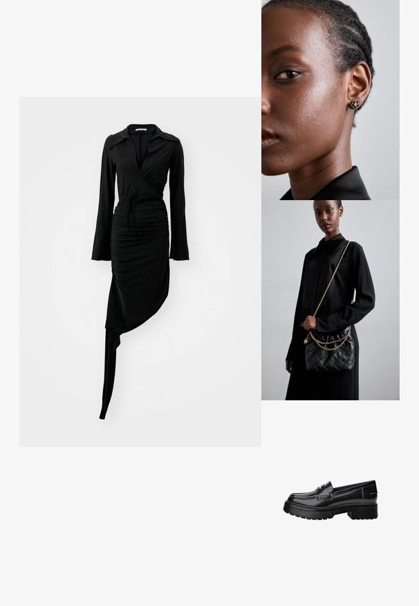 Fekete, hosszú ujjú, elöl csomózott kivágású ruha, ráncolt textúrával és aszimmetrikus szegéllyel. Gallérral és megkötött derékrésszel rendelkezik. Sima anyag.; Fekete lakkbőr loaferek vastag talppal, dekoratív pánttal és finom varrás részletekkel. Gumi textúra a talpon.; Fekete steppelt bőr kézitáska gyűrt toppal, arany lánc vállpánttal és téglalap alakú formával, egyszerű háttér előtt tartva.; A fém virágmintás fülbevalónak texturált fekete közepe és finom részletei vannak. A modellen tiszta bőre és fonott haja oldalnézetből látható.