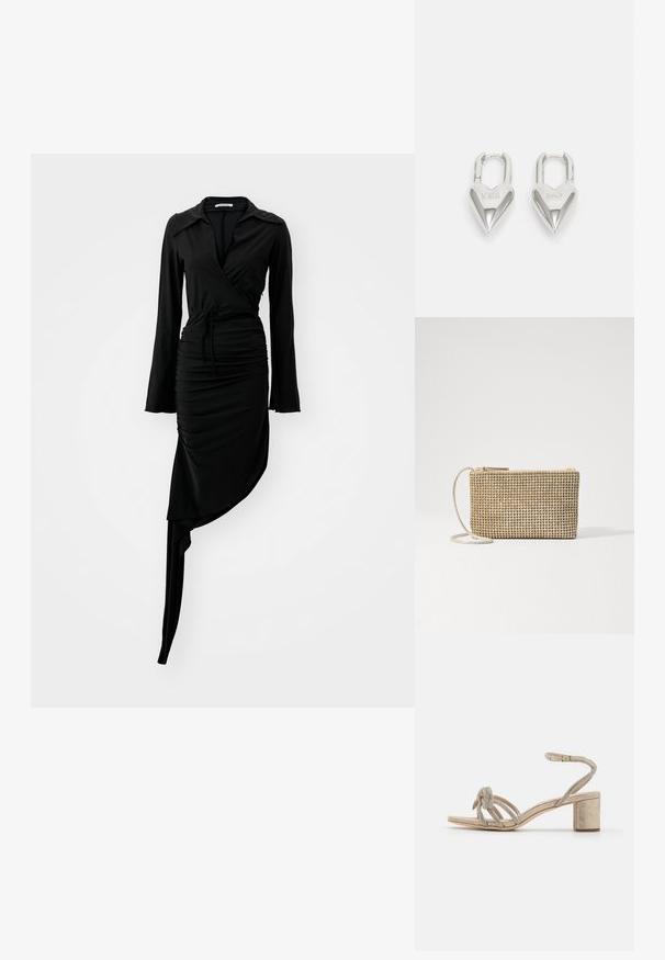Czarna sukienka z długim rękawem o kroju kopertowym, marszczonym wykończeniu i asymetrycznym dołem. Zawiera kołnierzyk i wiązany detal w talii. Gładki materiał.; Złote sandały na obcasie w kształcie bloku, z węzłem na pasku z przodu oraz wieloma cienkimi paskami ozdobionymi metalowymi akcentami.; Loeffler Randall YASMINE złoty; Srebrne kłódki w kształcie serca z wygrawerowanymi napisami "TAK" i "NIE", polerowane wykończenie, symetryczny design oraz mocny metalowy zamek.