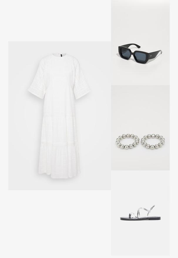 Rochie albă, de lungime până la glezne, realizată dintr-un materialTexturat. Are mâneci scurte și largi și detalii de cusătură orizontală pe tot parcursul.; Sandale argintii cu bretele subțiri, cu o talpă neagră plată, având curele metalice subțiri și o cataramă ajustabilă la glezne. Textură netedă pe toată suprafața.; Ochelari de soare de mari dimensiuni, negri, cu un design geometric, lentile rectangulare și finisaj lucios. Fără branding vizibil pe față.; Două brățări din metal argintiu, realizate din sfere polizate, cu un design fără cusături. Fiecare are o formă circulară uniformă și o textură netedă.