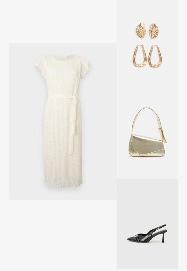 Kasukate midi kleit, kreemjas värv, ümar kaelus, lühikesed lehvivad varrukad, sidumisega vöökoht ning keerukad geomeetrilised mustrid.; Must musta nahk kingad sanga ja terava ninaga, ankle strapidega, millel on hõbedased pandlad ja riistvara ning õhuke konts.; Kuldmetallist käekott, millel on struktureeritud disain, sile tekstuur ja reguleeritav rihm. Omab ainulaadset kolmnurkset kuju ja minimalistlikku õmblust.; Kuldse värvi kõrvarõngad, mis on kaunistatud tekstuursete ja laineliste kujunditega. Komplektis on skulpturaalsed klamber kõrvarõngad ja avatud rõngasdisain, millel on lõhestatud viimistlus.