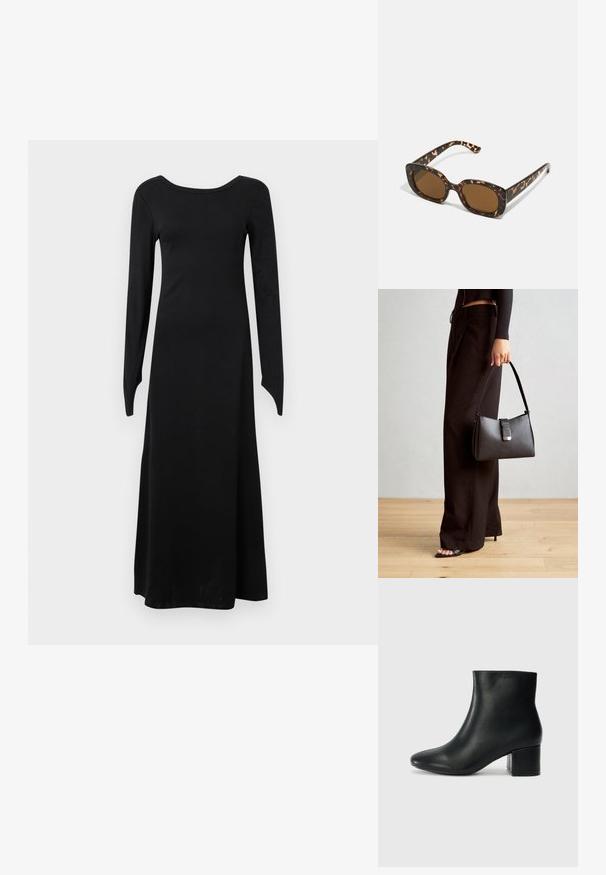 Robe noire à manches longues en tissu extensible avec un décolleté rond, un corps ajusté et une jupe évasée qui descend jusqu'aux chevilles.; Bottines en cuir noir avec un bout pointu et un talon épais. Texture lisse avec des accents minimalistes et un design élégant et ajusté.; Lunettes de soleil en écaille de tortue avec une monture ronde et épaisse et des verres marron. Présente des motifs subtils et des branches droites et effilées.; Sac à main noir à la forme structurée, texture lisse et fermoir métallique. Associé à un pantalon noir ample et des sandales ouvertes sur un sol en bois.