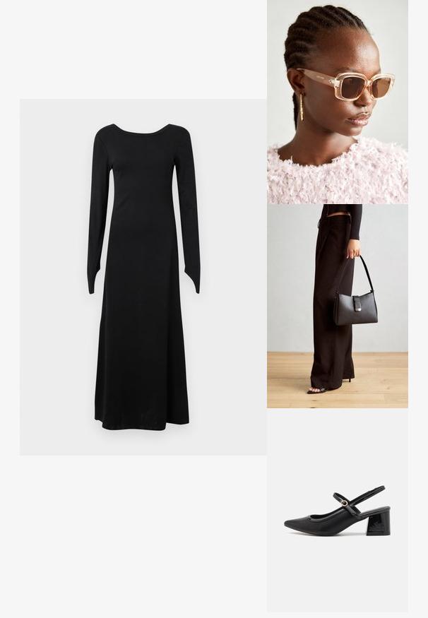 Robe noire à manches longues en tissu extensible avec un décolleté rond, un corps ajusté et une jupe évasée qui descend jusqu'aux chevilles.; Escarpins slingback en cuir verni noir avec un embout pointu, un design à découpes arrondies et un talon carré. Présente un accent de boucle en ton doré.; Lunettes de soleil surdimensionnées beiges avec une monture transparente et des verres teintés marron, arborant des accents floraux subtils et un design géométrique audacieux.; Sac à main noir à la forme structurée, texture lisse et fermoir métallique. Associé à un pantalon noir ample et des sandales ouvertes sur un sol en bois.