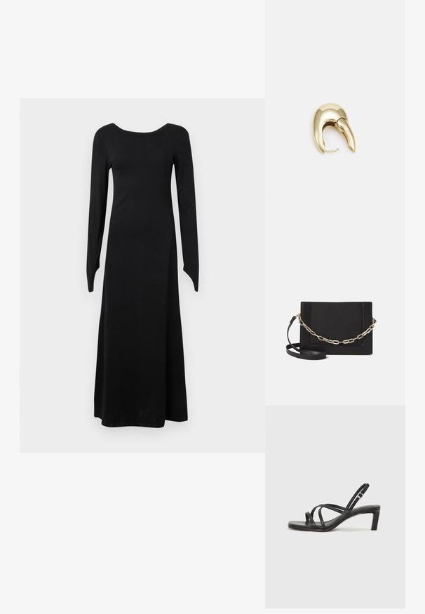 Rochie neagră, cu mâneci lungi, confecționată dintr-un material elastic, cu decolteu rotund, corset ajustat și fustă evazată care se extinde până la glezne.; Sandal cu barete negre, cu vârf pătrat și toc mic de bloc. Prezintă mai multe barete subțiri și o bareta ajustabilă la gleznă. Fabricat din piele netedă.; Geantă de umăr din piele neagră, cu o textură netedă, formă rectangulară și un detaliu din lanț metalic în față. Include curea reglabilă.; Cercei din metal de culoare aurie cu un design elegant și curbat. Prezintă o formă distinctivă, ascuțită, o suprafață lustruită și un sistem de închidere cu balama.