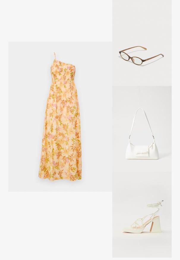 Vestido largo floral hecho de una tela ligera, con un tirante en un solo hombro, un corpiño fruncido y un patrón de flores rosas y verdes sobre un fondo amarillo.; Sandalia de tacón alto blanca con un tacón grueso, que presenta un diseño de tiras y un lazo en el tobillo. Textura suave con una plataforma en la parte delantera para mayor altura.; Gafas de carey marrón con lentes ovalados, patas delgadas y acentos transparentes. Presenta un sutil logo en la varilla. Diseño elegante y ligero.; Bolso sintético blanco con forma triangular, tapa frontal plana y detalle de lazo, correa ajustable, textura suave y diseño minimalista.