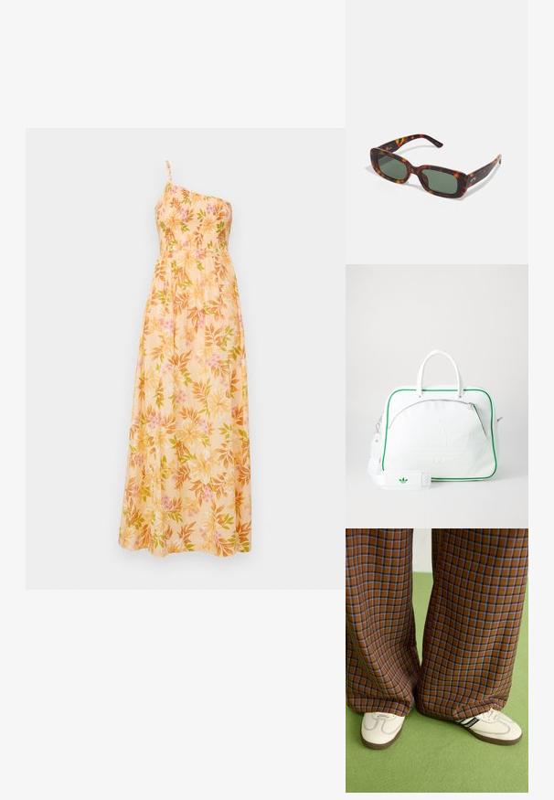 Floral Maxi-Kleid aus leichtem Stoff, mit einem Schulterträger, einem gerafften Oberteil und einem Muster aus rosa und grünen Blumen auf einem gelben Hintergrund.; Braun und blaue Karohosen mit weitem Bein, kombiniert mit weißen Schuhen mit schwarzen Akzenten und strukturierten Sohlen, vor einem grünen Hintergrund.; Braune Schildpatt-Sonnenbrille mit grünen Gläsern. Rechteckige Fassung mit glatter Oberfläche und leicht gebogenem Bügel.; Weiße Lederhandtasche mit grünen Akzenten, ausgestattet mit einem auffälligen geprägten Logo, zwei Griffen, einem abnehmbaren Schulterriemen und einer Reißverschlusstasche auf der Vorderseite.
