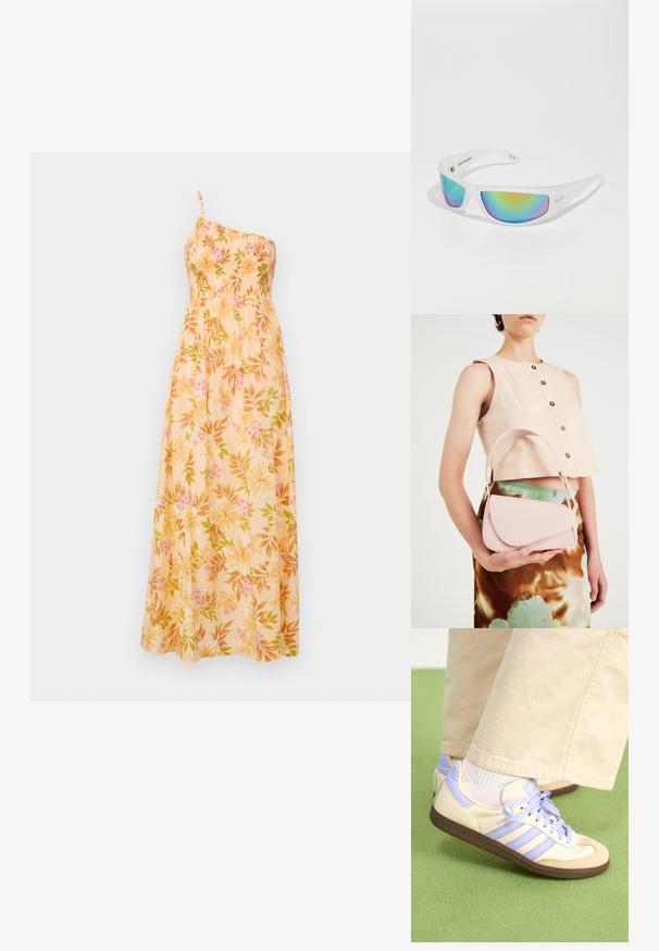 Vestido largo floral hecho de una tela ligera, con un tirante en un solo hombro, un corpiño fruncido y un patrón de flores rosas y verdes sobre un fondo amarillo.; Zapatillas de crema y lavanda con tres rayas y una suela marrón texturizada, que cuentan con cordones y un talón acolchado. Parte superior de tela suave.; Gafas de sol con un marco blanco transparente y lentes reflectantes multicolores. Presenta un diseño deportivo y una forma aerodinámica.; Bolso de cuero rosa con una solapa curva, una correa para el hombro y líneas limpias. El bolso presenta una textura suave y un diseño minimalista.