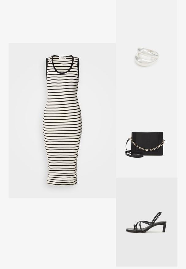 Gestreiftes Tankkleid in Creme und Schwarz. Gerippte Textur, figurbetontes Design, ärmellos mit rundem Ausschnitt. Knielange.; Schwarze Sandale mit Riemchen, quadratischer Zehenform und niedrigem Blockabsatz. Verfügt über mehrere dünne Riemen und einen verstellbaren Knöchelriemen. Hergestellt aus glattem Leder.; Schwarze Leder-Crossbody-Tasche mit glatter Textur, rechteckiger Form und metallic-kettendetail auf der Vorderseite. Verstellbarer Gurt inklusive.; Silberner Doppelring mit einer glatten, polierten Oberfläche. Verfügt über ein fließendes, kurviges Design mit überlappenden Abschnitten für einen modernen Look.