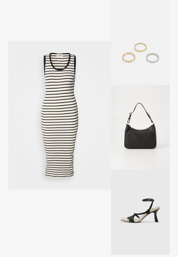 Prugasta obleka brez rokavov v krem in črni barvi. Ribana tekstura, prilegajoč kroj, brez rokavov z zaobljenim izrezom. Dolžina do sredine tele.; Črne sandale na visoki peti z prepletenim trakom, kvadratnim nosom in nastavljivim gležnjenjem. Svetlo bež podplat z sijajno črno peto.; Črna usnjena torba za roke s ukrivljenim oblikom, enim trakom, zadrgo in diskretnim blagovnim znamkom na sprednjem delu. Gladka tekstura, minimalističen dizajn.; Trije kovinski prstani: eden rožnato zlati, eden zlat z teksturiranimi detajli in eden srebrn, vsi z vgraviranim logotipom na notranji strani.