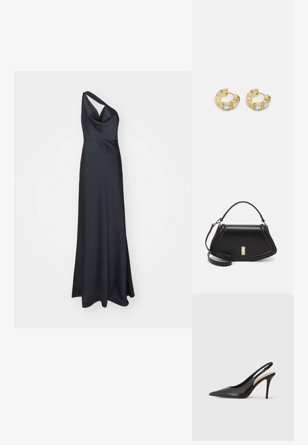 Hervé Léger THE VIVIAN GOWN - Festklänning - Black; Svart läder högklackad slingback-sko med spetsig tå, slät yta och ett delikat band med en metallspänne.; Svart läderhandväska med en strukturerad design, som har en avskuren form, ett handtag upptill och guldiga detaljer. Justerbar axelrem ingår.; Guld hoops med en texturerad design och tre klara kristallaccentuer på ena sidan, vilket ger en modern geometrisk estetik.