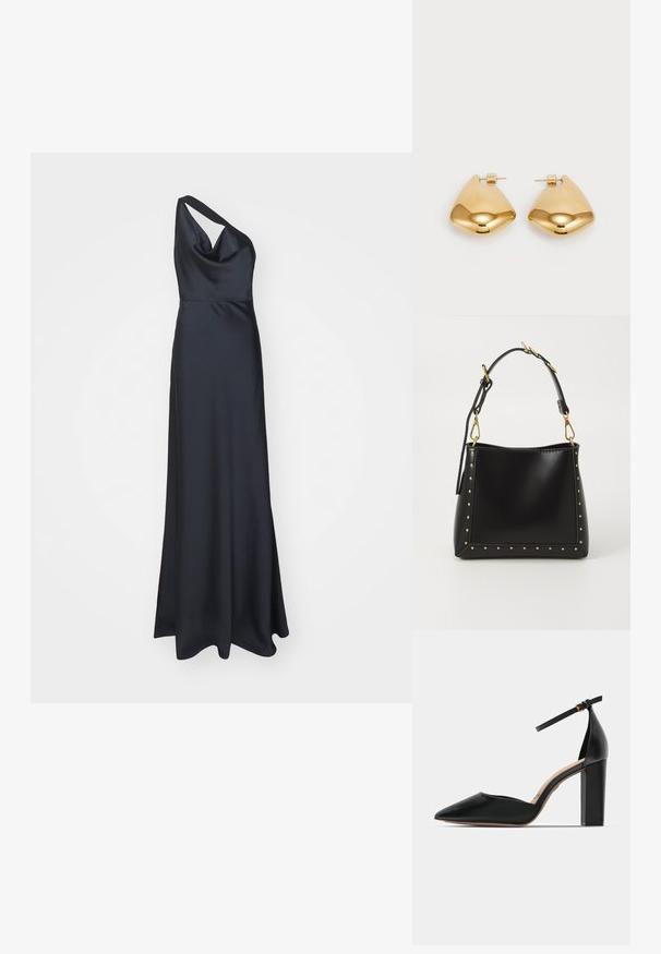 Hervé Léger THE VIVIAN GOWN - Occasion wear - Black; Black leather high-heeled shoe with an ankle strap, pointed toe, and a square chunky heel. Smooth texture with a minimalist design.; Black leather handbag with a structured shape, featuring gold studs along the edges and a detachable strap with gold hardware accents.; Gold-tone metal earrings with a smooth, rounded triangular shape and post-back design; reflective surface with minimal detailing.