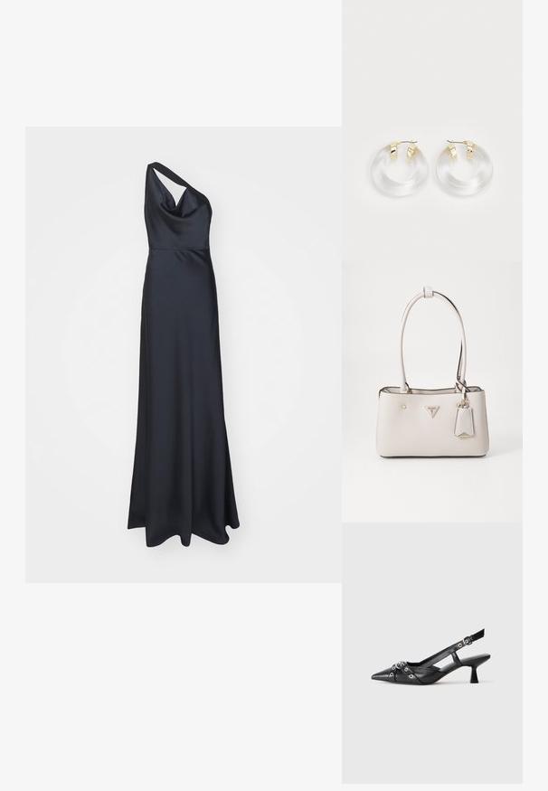 Hervé Léger THE VIVIAN GOWN - Ballkleid - Black; Schwarzer Leder-Slingback-Schuh mit spitz zulaufender Zehenpartie, dekorativen Riemen mit METALLÖSEN und niedrigem Blockabsatz. Strukturelle Oberfläche.; Beige Handtasche aus Kunstleder mit glatter Textur, doppelten Schulterriemen, goldenen Beschlägen, Logo-Plakette und einem angehängten Etikett.; Klares Acryl-Hoop-Ohrringe mit Metalldetails in Goldton und polierter Oberfläche. Verfügt über ein glattes, rundes Design.