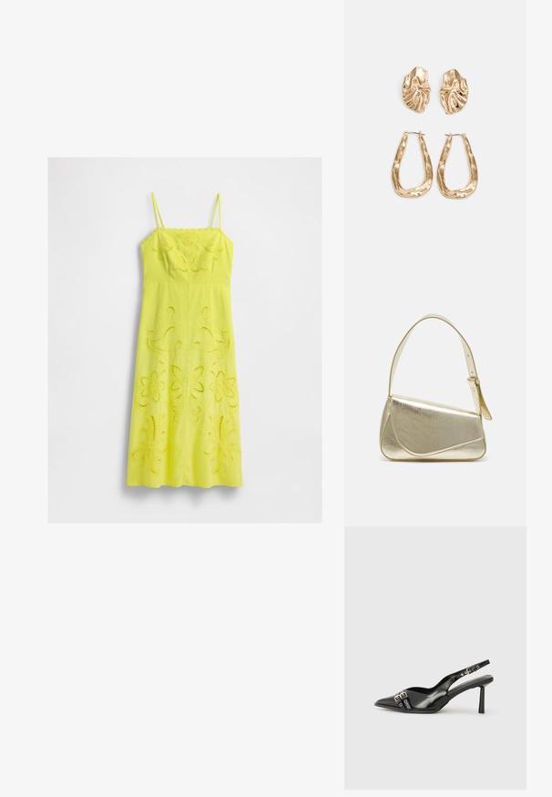 Gelbes Midi-Kleid mit dünnen Trägern und floralen Ausschnitt-Stickereien auf dem Oberteil und dem Rock, vor einem weißen Hintergrund präsentiert.; Schwarzer Lackleder Slingback-Schuh mit spitzem Zehenbereich, Knöchelriemen mit silbernen Schnallen und Beschlägen sowie einem schlanken Absatz.; Goldfarbene metallische Handtasche mit strukturiertem Design, glatter Textur und verstellbarem Tragegurt. Sie verfügt über eine einzigartige dreieckige Form und minimalistische Nähte.; Ohrringe in Goldoptik mit strukturierten, gewellten Formen. Beinhaltet skulpturale Clip-Ohrringe und ein offenes Hoop-Design mit gehämmertem Finish.