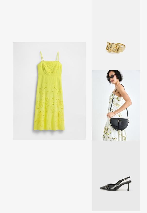 Geltona midi suknelė su plonomis petnešėlėmis ir gėlių iškirptės siuvinėjimo detalėmis ant viršaus ir sijono, pristatyta prieš baltą foną.; Juodas lakuotas odinis batelis su smailiu pirštu, kulkšnies dirželiais su sidabrinėmis sagtimis ir detalėmis, bei plonu kulnu.; Juodas odinis krepšys su išlenkta forma, nuimamu dirželiu ir auksiniais detalėmis. Krepšys turi kilpą su sagtimi.; Aukso žiedas su tekstūruotu, banguotu dizainu, turintis tris iškilias viršūnes. Lygus, blizgus paviršius su atviromis juostelėmis, leidžiančiomis reguliuoti dydį.