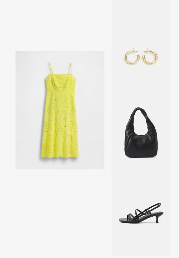 Geel midi-jurkje met dunne bandjes en bloemvormige borduurdetails op het lichaam en de rok, weergegeven tegen een witte achtergrond.; Zwarte pumpsandalen met meerdere kruissluitingbandjes. Gladde stof, spitse neus en smalle hak. Verstelbare enkelband met gesp.; Zwarte hobotas gemaakt van glad, leerachtig materiaal met een gedraaide handgreep, met een zachte, ronde vorm en een ritsluiting aan de bovenkant.; Gouden creolen met een gladde, glanzende afwerking. Circulaire vormgeving met een kleine post en een doorzichtige achterkant voor een veilige draagervaring.