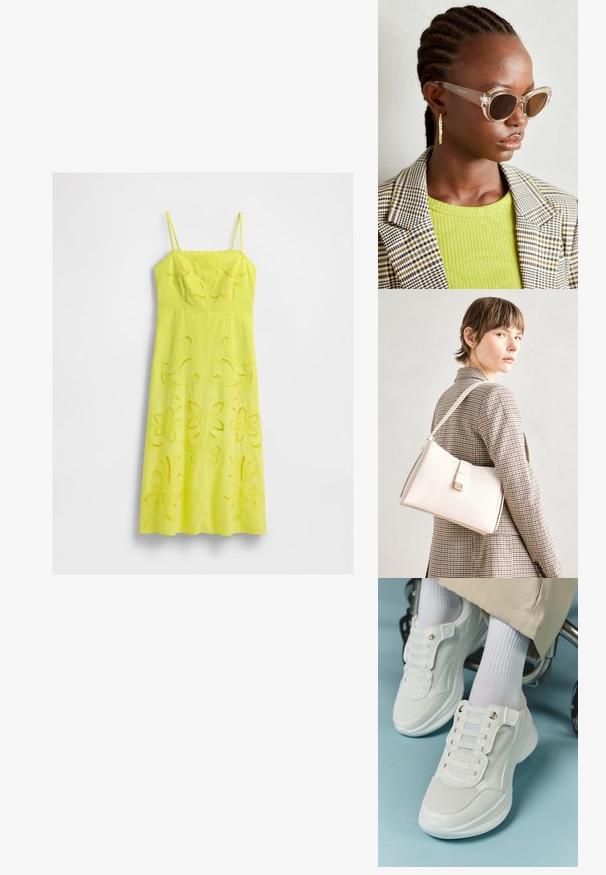 Gul midi-klänning med tunna band och blommönstrad broderad detaljering på bysten och kjolen, uppställd mot vit bakgrund.; Vita sneakers med nätmaterial, gummisula, snörningsfri design med elastiska band och guldfärgade detaljer.; Klart cat-eye solglasögon med bruna linser och transparenta bågar. Modell bär en grön ribbad topp och en rutigt blazer. Gula hoopörhängen.; Vit läderhandväska med en strukturerad design, med en magnetknäppning och en axelrem, visad mot en neutral bakgrund.