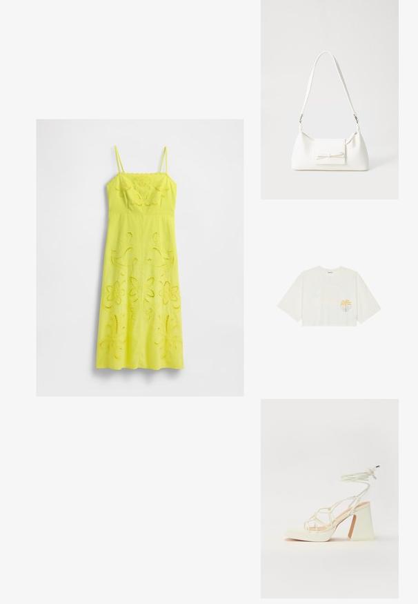 Kollase midi kleit õhukeste rihmadega ja lillelise lõikega tikandiga detailidega büstis ja seelikuosas, esitatud valge tausta ees.; Lühem valge puuvillane T-särk lühikeste varrukatega, millel on vasakul rinnal kollane palmitaim ja sinine laine graafika.; Valged kõrge kontsaga sandaalid, millel on paks konts ja rihmadega disain koos pahkluu sidumisega. Sile tekstuur ja platvorm ees, et lisada kõrgust.; Valge sünteetilisest materjalist kott kolmnurkse kujuga, lame esiklapiga ja kaaredetailiga, reguleeritava rihmaga, sileda tekstuuriga ja minimalistliku disainiga.