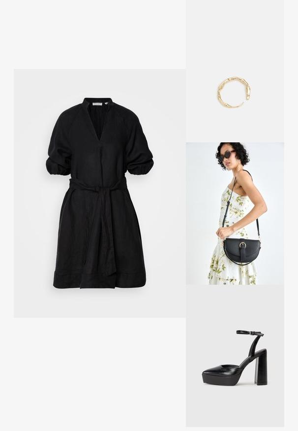 Crna lanena haljina s dubokim V-izrezom, puf rukavima i pojasom u struku. Dizajn ima ležeran kroj i porub do koljena.; Crne platforme s potpeticom s oštrim vrhom i podešivom naramenicom. Izrađene od glatke kože, s masivnom blok petom.; Crna kožna torba s lukovitim oblikom, odvojivim remenom i zlatnim detaljima. Torba ima preklop s kopčom.; Prsten u zlatnoj nijansi s organskim, uvijenim dizajnom, glatkom teksturom i suženim krajevima, koji stvara moderan, skulpturalni izgled.