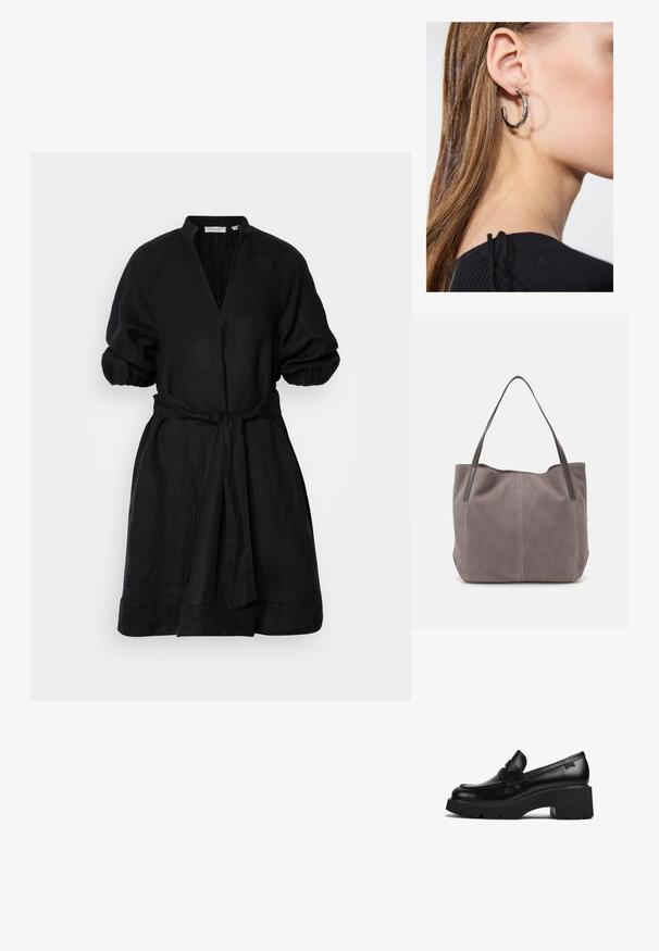 Črna lanena obleka z globokim V-izrezom, nabranimi rokavi in pasom. Oblikovanje vključuje udoben kroj in dolžino do kolen.; Črne usnjene molerke s debelim petom in širokim podplatom ter trakom čez zgornji del, prikazane s strani na beli podlagi.; Siva semiš torba z dvema temnima usnjenima ročajema. Ima šivane detajle na straneh, mehak tekstur in prostoren odprtina.; Srebrna obročasta uhana s polirano površino, ki vključuje majhne zlate poudarke in okroglo obliko, nošena na ušesnem lobu.