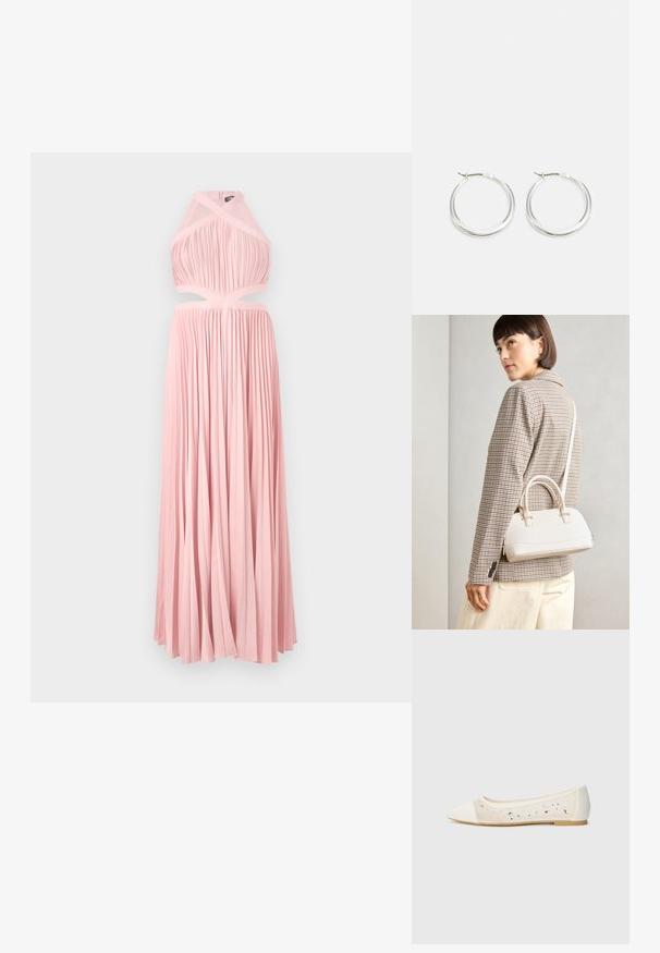 Hosszú, rózsaszín ruha plissé kialakítással, nyakpántos és kivágott derékkal. Sima textúra és lebegő sziluett, alkalmas formális eseményekre.; Krém bőrből készült, hegyes orrú lapos cipő átlátszó felsőrésszel, ami szétszórt gyémántokkal van díszítve. Puha talp a kényelemért, minimalista dizájn.; Fehér, strukturált kézitáska rövid füllel és vállpánttal, arany színű fém kiegészítőkkel és texturált anyagból, szürke háttér előtt bemutatva.; A ezüst karika fülbevalók sima, lekerekített formájúak, vékony profilúak és biztonságos zárással rendelkeznek. Minimalista stílus, fényes befejezéssel.
