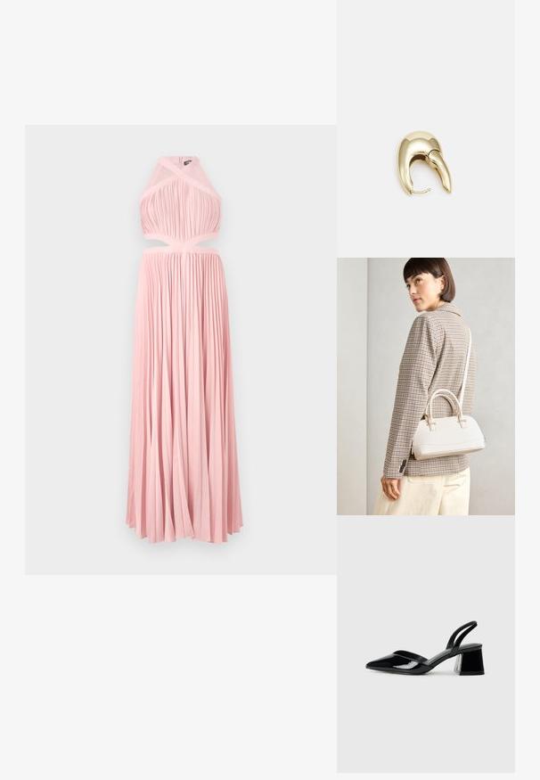 Długa, różowa sukienka z plisowanym wzorem, na ramiączkach, z wyciętym pasem. Gładka tekstura i swobodny krój, odpowiednia na oficjalne okazje.; Czarne lakierowane półbuty na obcasie z wydłużonym noskiem i geometrycznym słupkiem. Charakteryzują się eleganckim, minimalistycznym designem oraz gładką fakturą.; Biała torebka o strukturalnym kształcie z krótkimi uchwytami i paskiem na ramię, z złotymi akcentami i teksturowanym materiałem, prezentowana na szarym tle.; Złote metalowe kolczyki o eleganckim, zakrzywionym kształcie. Posiadają charakterystyczny szpiczasty kształt, polerowaną powierzchnię oraz zapięcie na zawias.