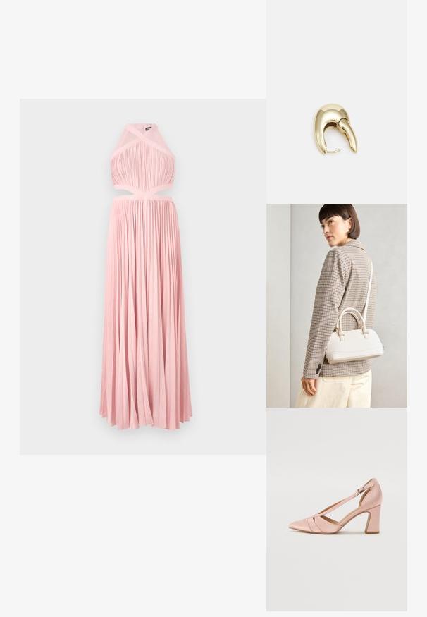 Garšīga, rozā kleita ar pleitu dizainu, haltera kakla izgriezumu un izgriezumu viduklī. Gluda tekstūra un plūstoša silueta, piemērota formāliem pasākumiem.; Rozā satīna augstpapēžu kurpe ar smailo purngalu un regulējamu potītes siksniņu, ar diagonāliem izgriezumiem un masīvu papēdi.; Balta strukturēta roku soma ar īsām rokturiem un plecu siksnu, ar zelta aparatūras akcentiem un strukturētu materiālu, izstādīta uz pelēka fona.; Zeltīti metāla auskari ar gludu, izliekta dizaina. Ar atšķirīgu smailu formu, pulētu virsmu un eņģu aizdari.