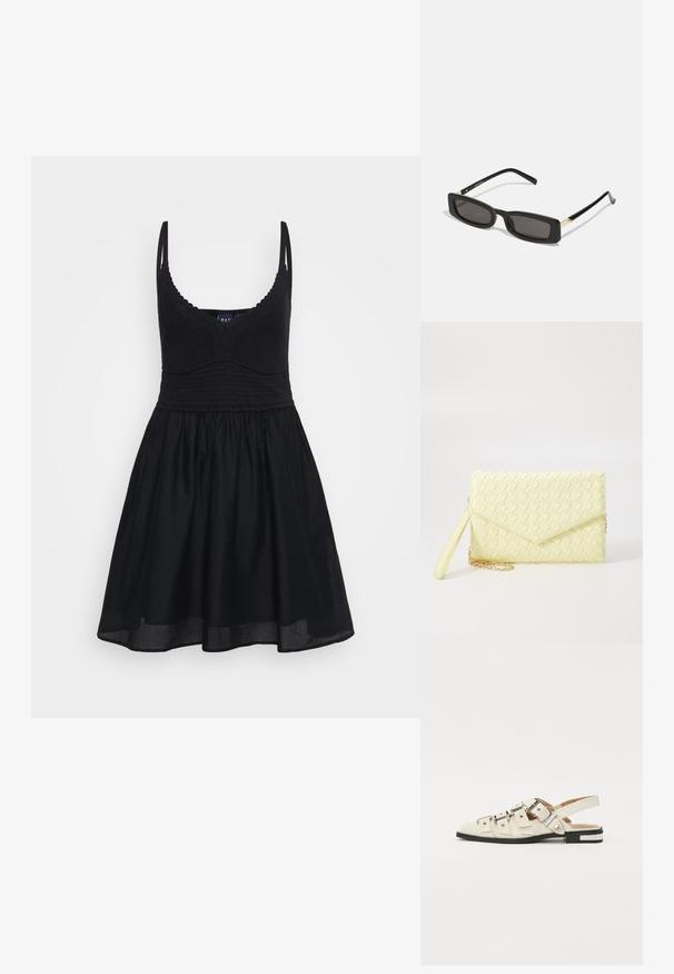 Melnas saulē tērpa ar regulējamiem siksnām, pieguļošu adītu priekšu un plūstošu svārku. Izgatavots no mīksta auduma ar gludu tekstūru un klasisku dizainu.; Baleta sandalītes baltā ādā ar vairākiem platām siksnām un sudraba sprādzēm; plakana zole ar mazu melnu papēdi un metalizētām akcentiem.; Melnas taisnstūra saulesbrilles ar tumšiem objektīviem, spīdīgām plastikāta rāmēm un zelta akcentiem tempļos. Minimalistisks dizains un eleganta forma.; Dzeltena austs kabata ar atloku dizainu, noņemamu plaukstas siksnu un zeltītu ķēdes akcentu. Gluda tekstūra un taisnstūra forma.; Zelta auskari ar gludu, spīdīgu apdari. Apaļš dizains, kas ietver mazu tapu un caurspīdīgu pamatni drošai valkāšanai.