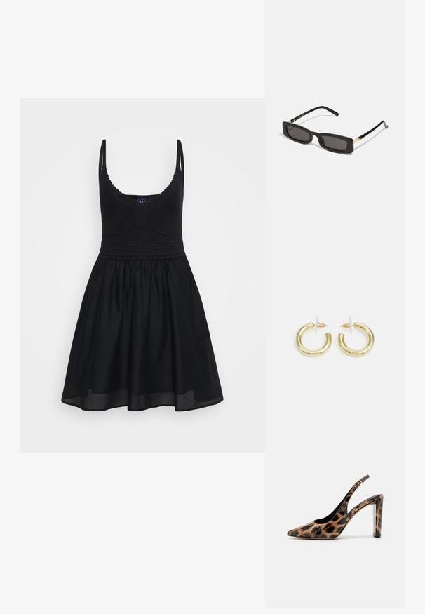 Musta kesämekko, jossa on säädettävät olkaimet, tiukka neulottu yläosa ja lipuva hame. Valmistettu pehmeästä kankaasta, jossa on sileä rakenne ja klassinen muotoilu.; Sandaali leopard-kuvioisella varrella, jossa on terävä nenä ja läpinäkyvä lohko korko. Valmistettu kiiltävästä materiaalista, jolla on sileä pinta.; Mustat suorakulmion muotoiset aurinkolasit tummilla linsseillä, kiiltävillä muovikehyksillä ja kultaisilla yksityiskohdilla temppeleissä. Minimalistinen muotoilu ja virtaviivainen malli.; Kultaketjut kullasta, joissa on sileä, kiiltävä pinta. Pyöreä muotoilu, jossa on pieni tappi ja kirkas taustalevy turvalliseen käyttöön.