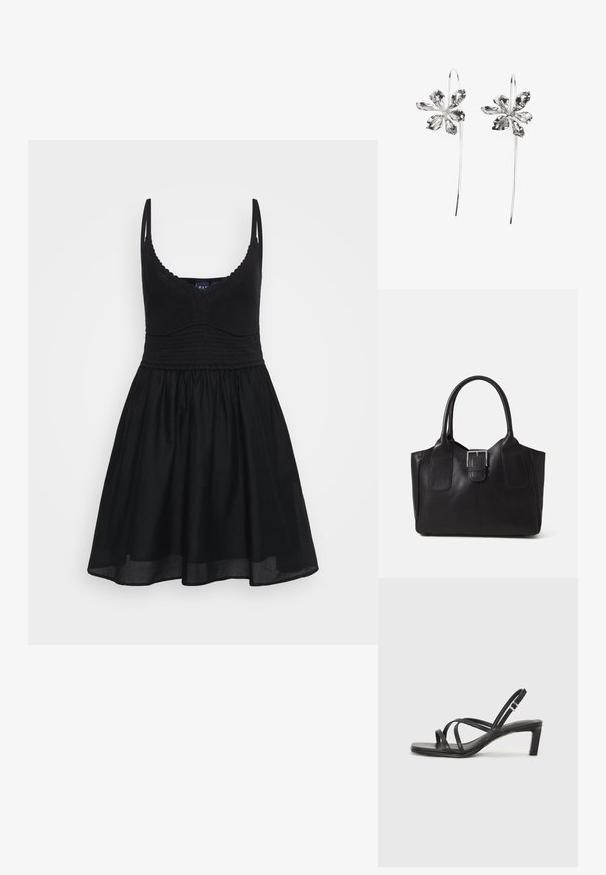 Rochie neagră, cu bretele ajustabile, corp tricotat strâns și fustă fluidă. Fabricată dintr-un material moale, cu o textură netedă și un design clasic.; Sandal cu barete negre, cu vârf pătrat și toc mic de bloc. Prezintă mai multe barete subțiri și o bareta ajustabilă la gleznă. Fabricat din piele netedă.; Geantă tote din piele neagră cu textură netedă, formă structurată, două mânere și un detaliu proeminent din aliaj de argint pe partea din față.; Cercei argintii în formă de floare cu un finisaj texturat, având cârlige lungi și detalii asemănătoare petalelor pentru un design complex.