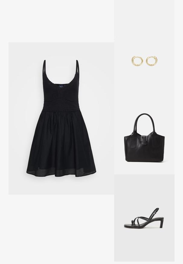 Čierne slnečné šaty s nastaviteľnými ramienkami, priliehajúcou pletenou časťou a voľnou sukňou. Vyrobené z jemnej tkaniny s hladkým povrchom a klasickým dizajnom.; Čierne sandále na vysokom podpätku so štvorcovou špičkou a nízkym blokovým podpätkom. Obsahujú viacero tenkých popruhov a nastaviteľný členkový popruh. Vyrobené z hladkej kože.; Čierna kožená taška s hladkou textúrou, štruktúrovaným tvarom, dvoma uchami a výrazným strieborným prackovým detailom na prednej strane.; Zlaté kruhové náušnice s hladkým, zaobleným dizajnom. Obsahujú malý uzáver s pántom, ľahký vzhľad a lesklý povrch.