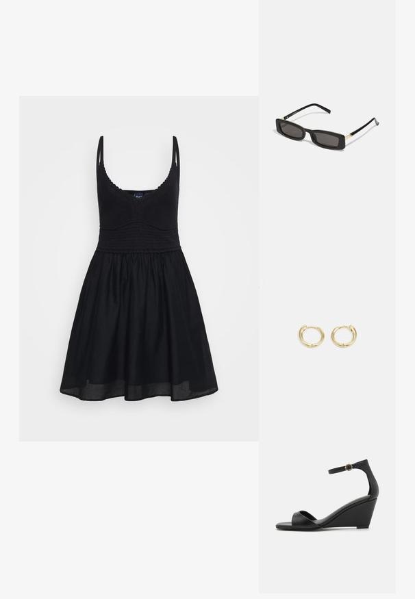 Musta kesämekko, jossa on säädettävät olkaimet, tiukka neulottu yläosa ja lipuva hame. Valmistettu pehmeästä kankaasta, jossa on sileä rakenne ja klassinen muotoilu.; Musta viinietikkakorko sandaalit, joissa on sileä, matta nahka yläosa, avoin varvas ja hoikka nilkkaremmi, jossa on koristeellinen solkiyksityiskohta.; Mustat suorakulmion muotoiset aurinkolasit tummilla linsseillä, kiiltävillä muovikehyksillä ja kultaisilla yksityiskohdilla temppeleissä. Minimalistinen muotoilu ja virtaviivainen malli.; Kultaketjuveljet, joissa on sileä ja pyöristetty muotoilu. Varustettu pienellä saranalukolla, kevyen näköinen ja kiiltävä pinta.
