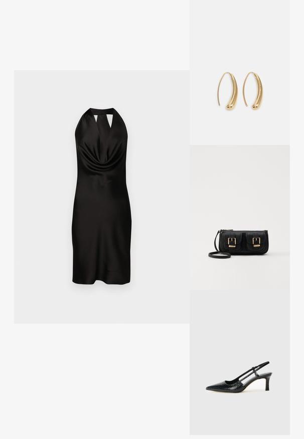 Juoda satino halterio suknelė su drapiruota priekiu, prigludusia siluetu ir išpjova prie kaklo, siekianti iki vidurinės šlaunies.; Juodai lakuoti slingback aukštakulniai su smailiu nosiu, su tekstūruotu gyvatės raštu, reguliuojama juosta ir trumpu, tekstūruotu blokiniu kulnu.; Juodas odinis per petį nešiojamas krepšys su dviem priekiniais kišenėmis, auksiniais sagtimis, užtrauktuko uždarymu ir siauromis petnešomis. Textūruota paviršius ir kompaktiškas stačiakampis formatas.; Auksinės metalinės auskarų kabės su lenktą, pailgą forma. Turi lygų, blizgantį paviršių ir užapvalintą galiuką papildomam akcentui.