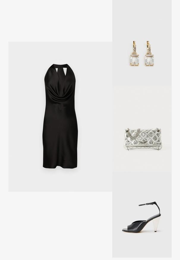 Melnas satīna haltera kakla kleita ar piekārtiem priekšējiem fragmentiem, cieši pieguļošu siluetu un izgriezumu pie kakla, garums līdz vidējiem augšstilbiem.; Melnas ādas augstpapēžu sandales ar atvērto purngali, asimetrisku dizainu, potītes siksniņu un metāla koniskām papēžiem. Virsma ir gluda.; Sudraba metāla rokas soma ar ķēdes rokturi, piedāvā baudāmu struktūru, dekoratīvo šuvju un rāvējslēdzēju aizdari. Priekšpusē ir reljefa akcenti.; Zeltītas auskaru rotas, kuru centrā ir taisnstūra formas caurspīdīgs kristāls, kas karājas zem mazu, apaļu caurspīdīgu akcentu rindas. Elegants, mūsdienīgs dizains.