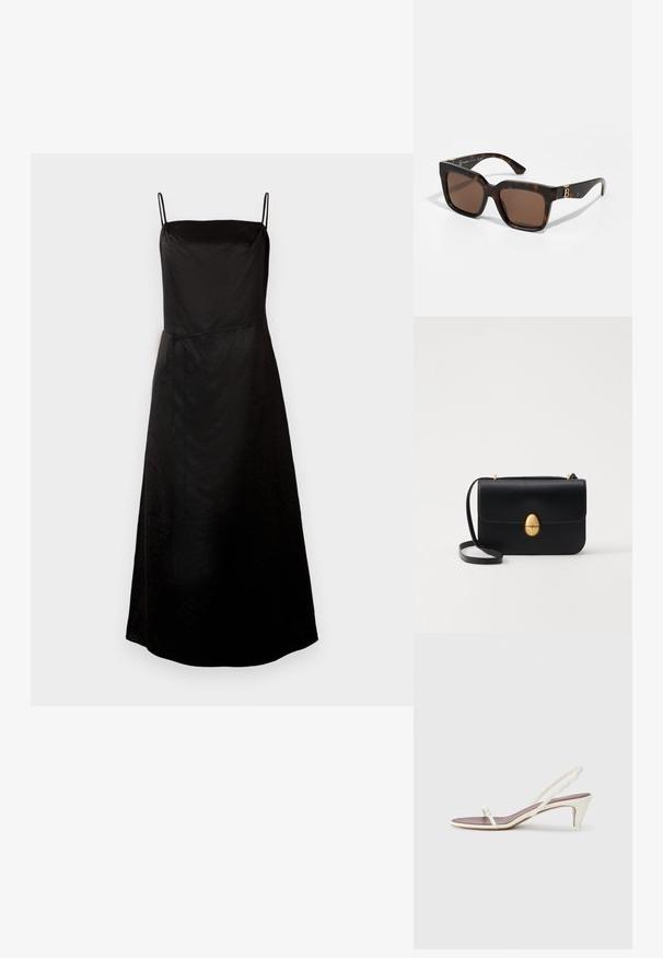 Musta olkapääpuku, jossa on sulava siluetti, vyötäröllä sidontayksityiskohta ja hienovarainen rakenne. Keskitason malli.; Valkoiset nilkkaketjulliset sandaalit, joissa on pieni korko, ohuet hihnat ja sileä nahkapinta; varustettu pienellä koristeellisella soljella.; Ruske sigarete s kvadratnim okvirom, smešnim sočivima i zlatnim detaljem na sljepoočnicama. Prevelik dizajn s debelim sljepoočnicama.; Musta nahkakäekott struktureeritud ristküliku kujuga. Varustatud kuldse ovaalse lukuga ja õhukese õlalindiga. Sile tekstuur.