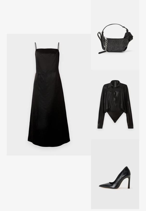 Schwarzes Spaghettiträgerkleid mit fließender Silhouette, das mit einem Bindeband in der Taille und subtiler Textur versehen ist. Mittellanges Design.; Schwarzer Body mit langen Ärmeln, V-Ausschnitt und figurnaher Silhouette. Hergestellt aus glänzendem, glattem Stoff mit einem strukturierten Kragen und Manschetten.; Schwarzer, spitz zulaufender High Heel mit Krokodilleder-Struktur, elegantem Design, hohem Stiletto-Absatz und glattem schwarzen Innenraum.; Schwarze Handtasche mit Nietenverzierungen, einer Kettenriemen und einem glatten Ledergriff, in runder Form und mit einem Reißverschlussfach.