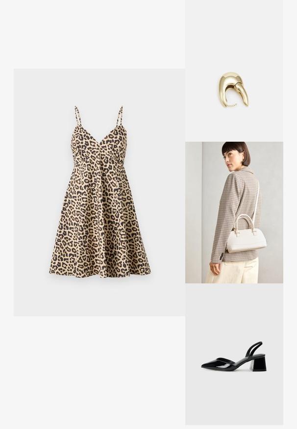 Leopárdmintás ruha vékony pántokkal, V-nyakkivágással és légies szoknyával. Készítették sima textúrájú, bézs és fekete árnyalatú anyagból.; Fekete lakk bőr szandálkés magas sarkú cipő, hegyes orral és geometrikus tömbsarkakkal. Karcsú, minimalista dizájn és sima textúra jellemzi.; Fehér, strukturált kézitáska rövid füllel és vállpánttal, arany színű fém kiegészítőkkel és texturált anyagból, szürke háttér előtt bemutatva.; Aranyszínű fém fülbevaló, elegáns, ívelt formával. Különleges hegyes alak, fényes felszín és zsanéros záródás jellemzi.