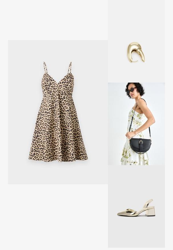 Rochie cu imprimeu de zebră, cu bretele subțiri, decolteu în V și fustă fluidă. Fabricată dintr-un material cu o textură netedă, în tonuri de bej și negru.; Pantofi cu toc slingback metalici aurii, cu vârf ascuțit și toc chunky. Textură netedă, design minimalist și o curea subțire.; Geantă din piele neagră, cu o formă curbată, curea detașabilă și accesorii aurii. Geanta are un capac cu un detaliu tip cataramă.; Cercei din metal de culoare aurie cu un design elegant și curbat. Prezintă o formă distinctivă, ascuțită, o suprafață lustruită și un sistem de închidere cu balama.